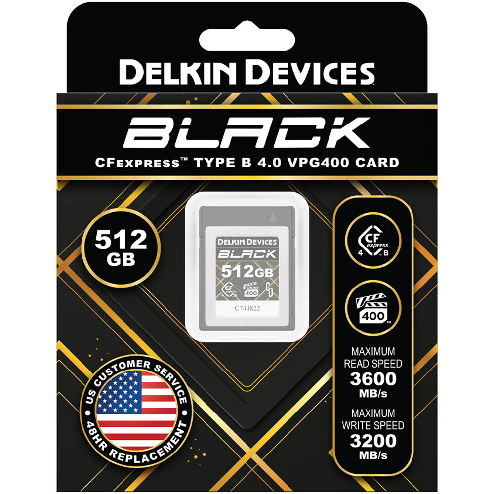 Delkin Devices 512GB BLACK CFexpress Type B 4.0 Memory Card Packaging