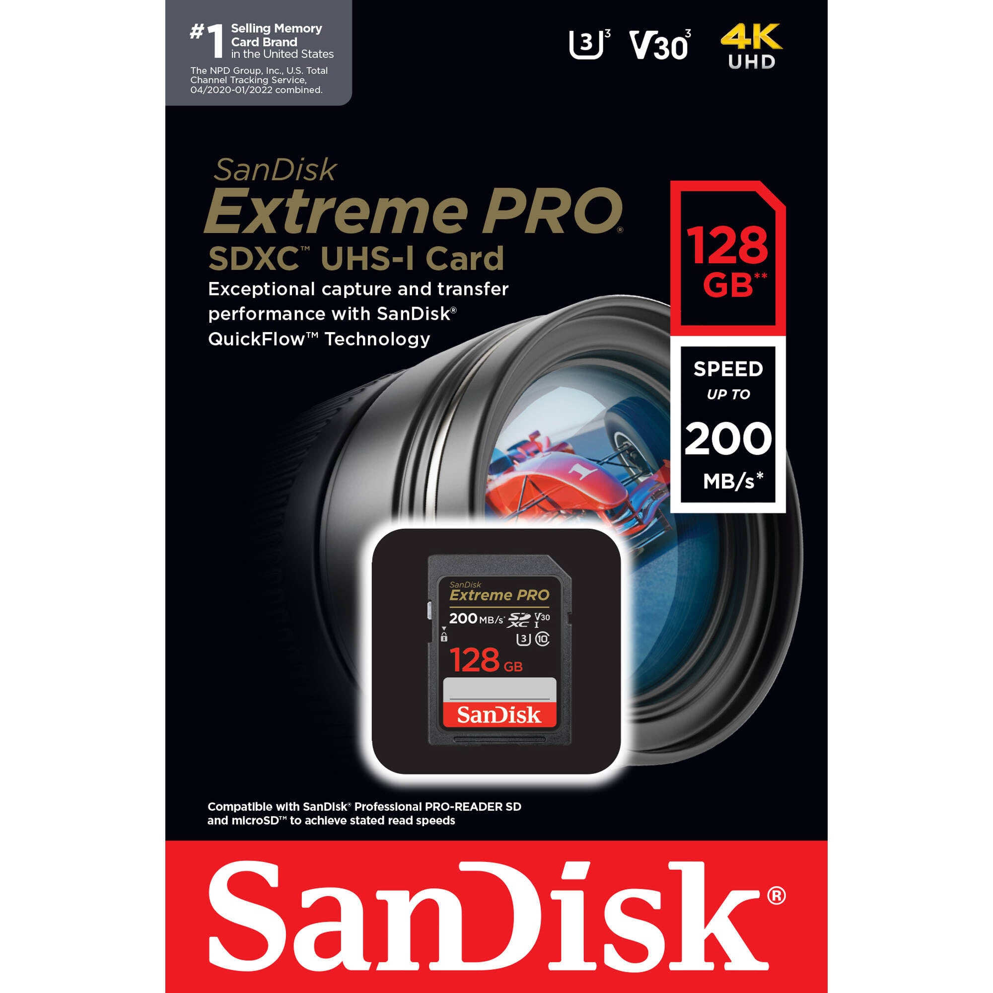 SanDisk 128GB Extreme PRO UHS-I SDXC Memory Card in Packaging