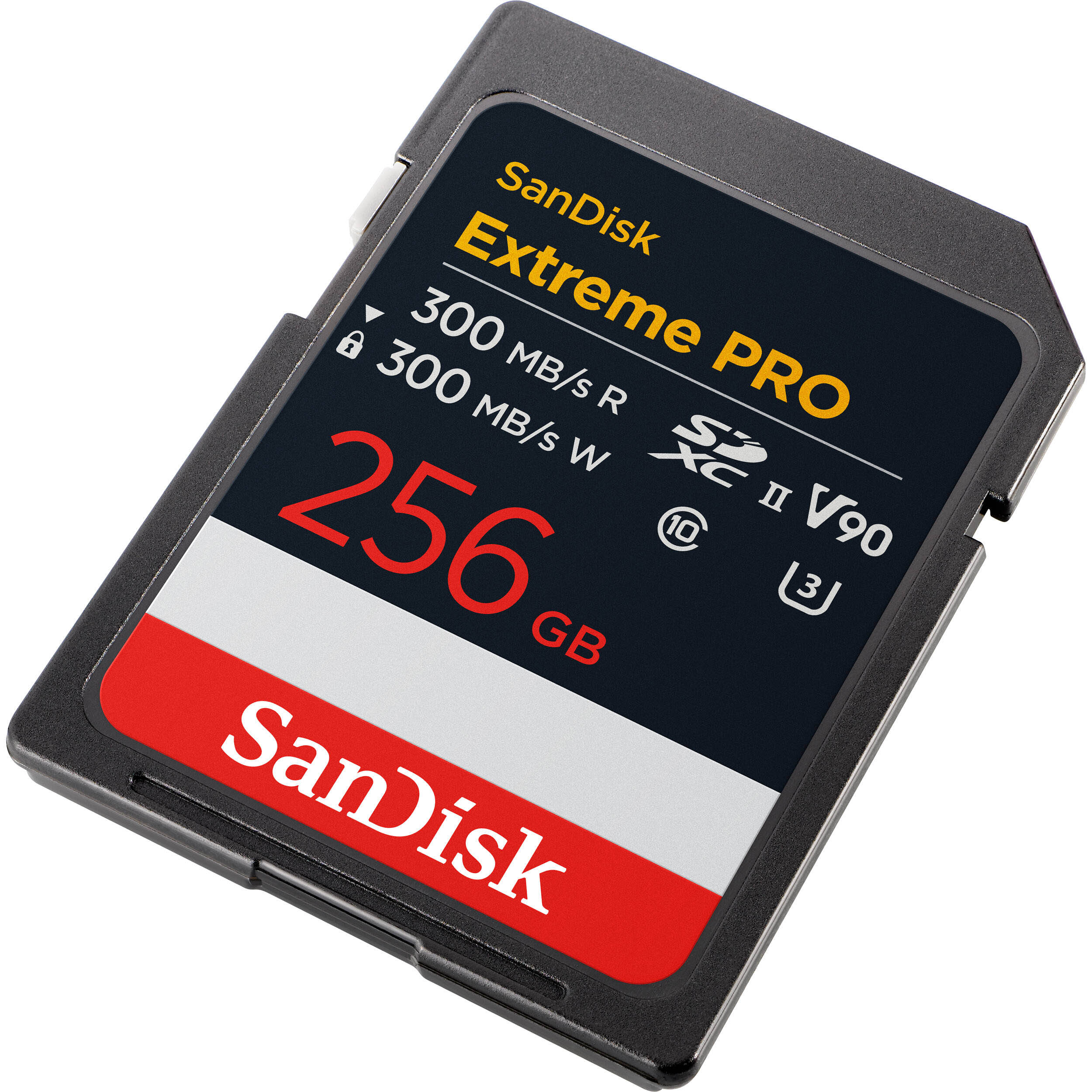 SanDisk Extreme PRO 256GB SD card on a white background