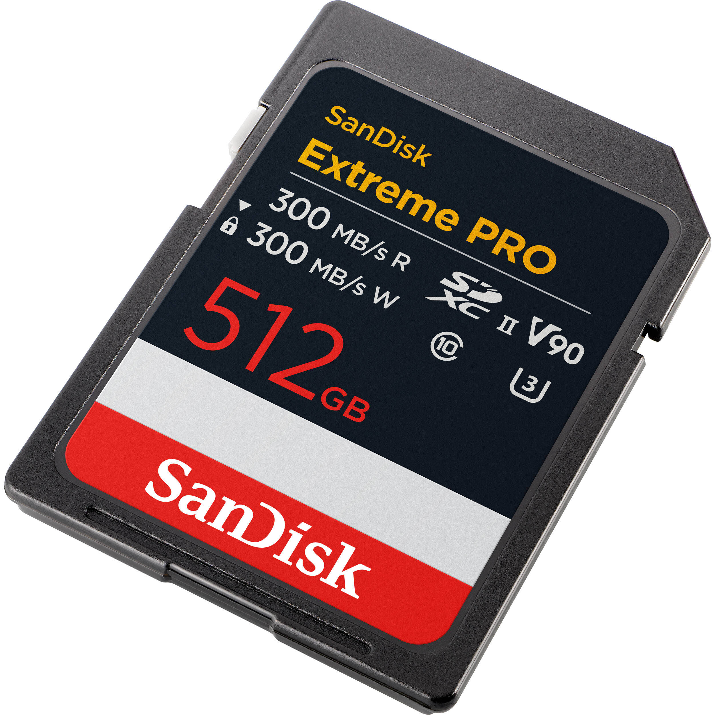 SanDisk Extreme PRO SDXC card with 512GB capacity on a white background