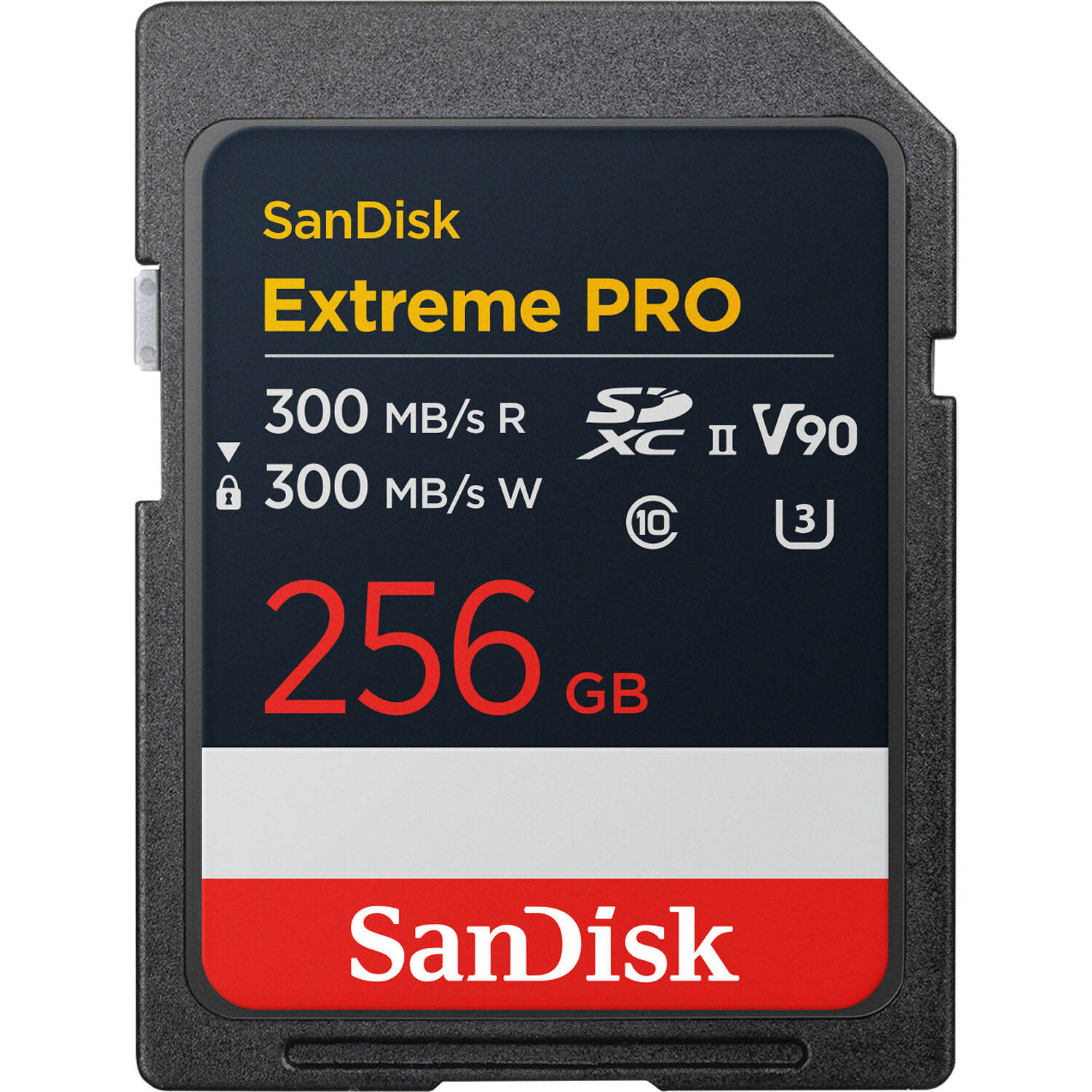 SanDisk Extreme PRO 256GB SD card on a white background