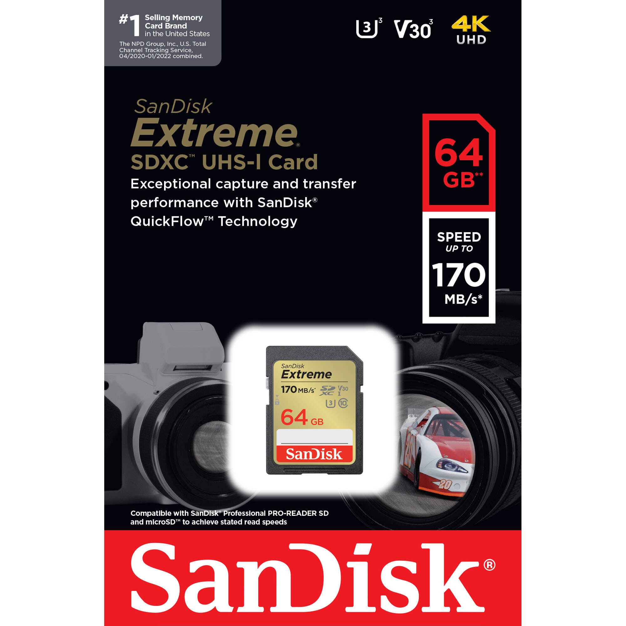 SanDisk 64GB Extreme UHS-I SDXC Memory Card in Packaging